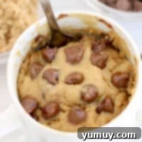 Decadent Peanut Butter Mug Delight 4 Featured peanut butter chocolate chip mug cake in a white mug.