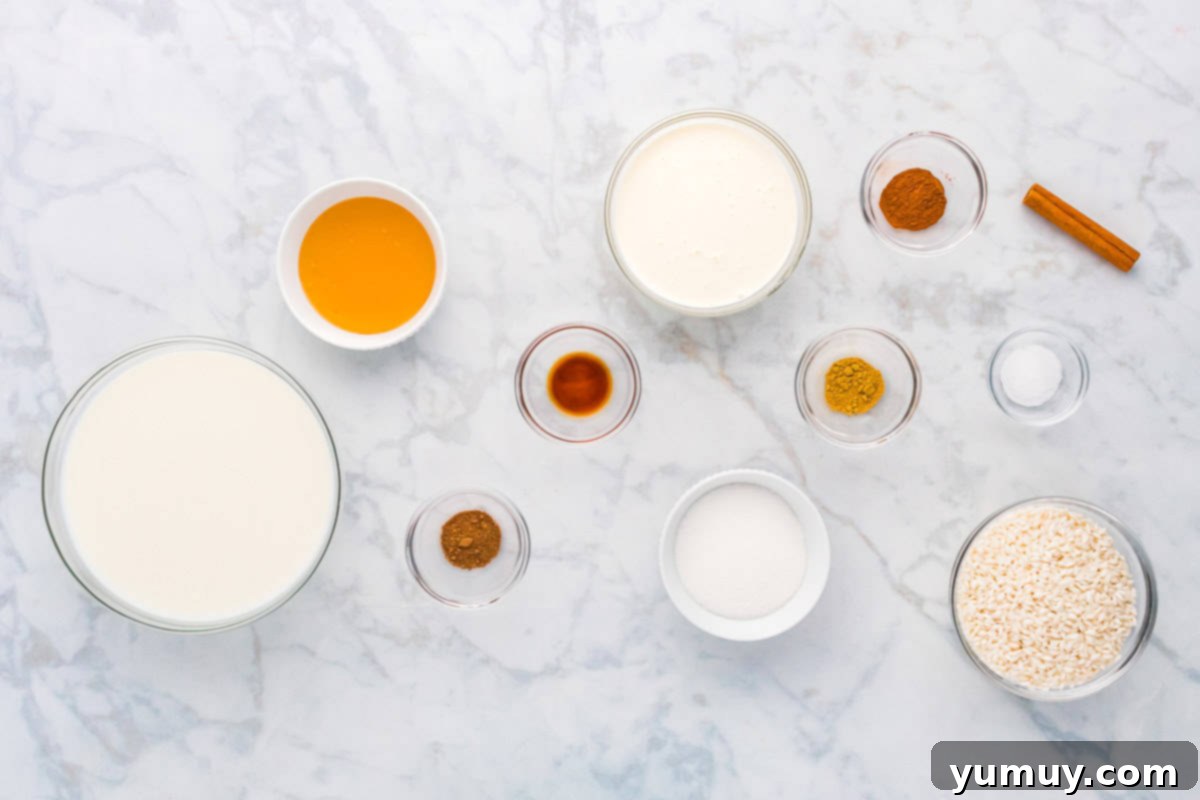 portioned ingredients for rice pudding in individual bowls.