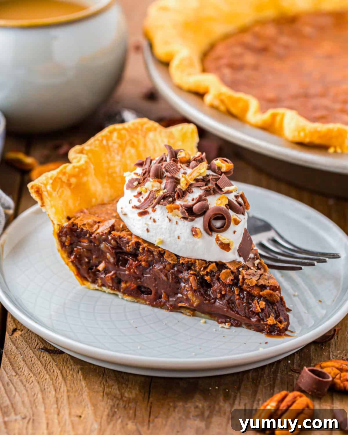 German Chocolate Coconut Pecan Delight Pie 2 A perfectly sliced German chocolate pie, topped with a generous dollop of whipped cream and a sprinkle of crunchy pecans, ready to be enjoyed.