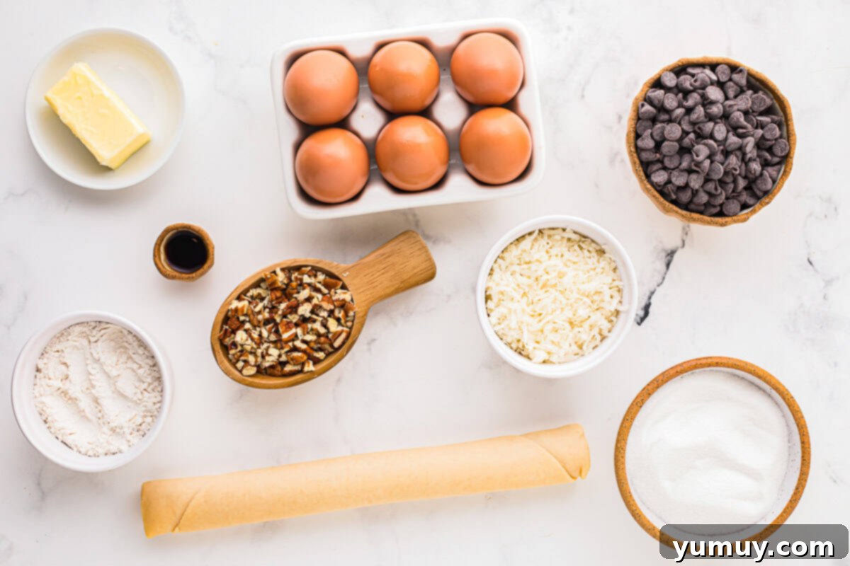 German Chocolate Coconut Pecan Delight Pie 14 All measured ingredients for German chocolate pie, neatly arranged in individual bowls, ready for mixing.
