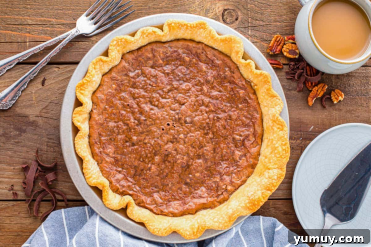 German Chocolate Coconut Pecan Delight Pie 22 A freshly-baked German chocolate pie, still warm from the oven, resting in its pie pan with a golden-brown crust and a perfectly set filling.