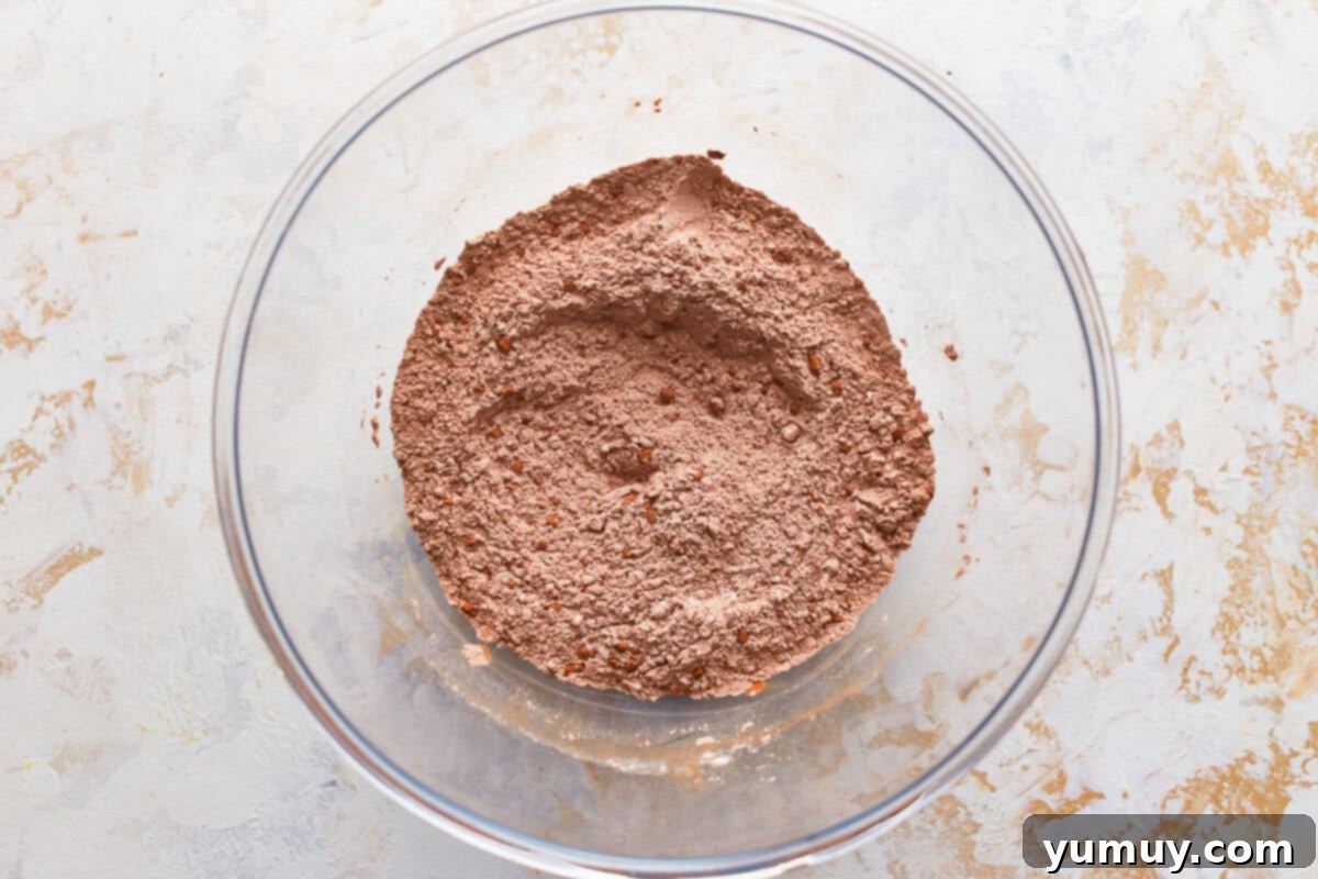 Sifted dry ingredients (flour, cocoa, baking soda) neatly arranged in a glass bowl, ready to be combined.