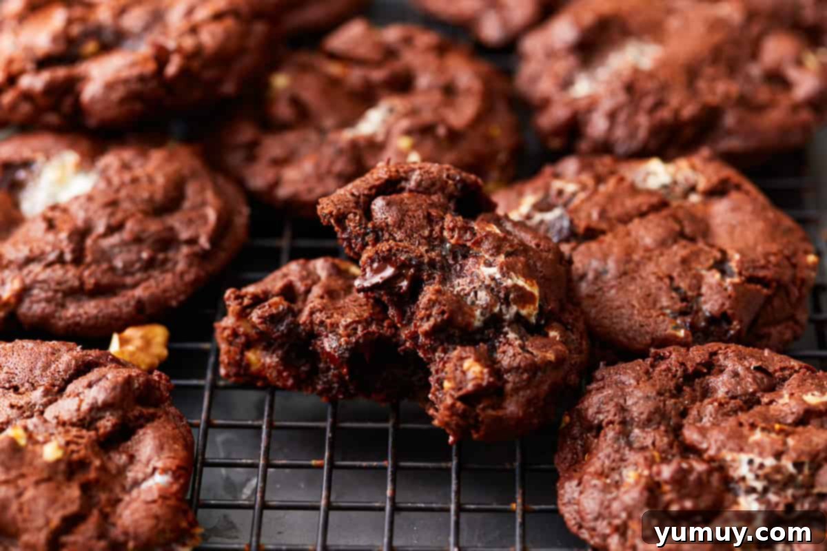 Close-up of a bitten rocky road cookie on a wire rack, revealing its soft interior, melted marshmallows, and chocolate chips, surrounded by other cookies.