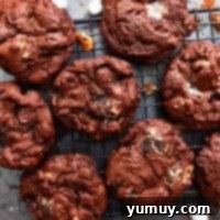 Overhead view of freshly baked rocky road cookies on a wire baking rack, ready to be enjoyed.