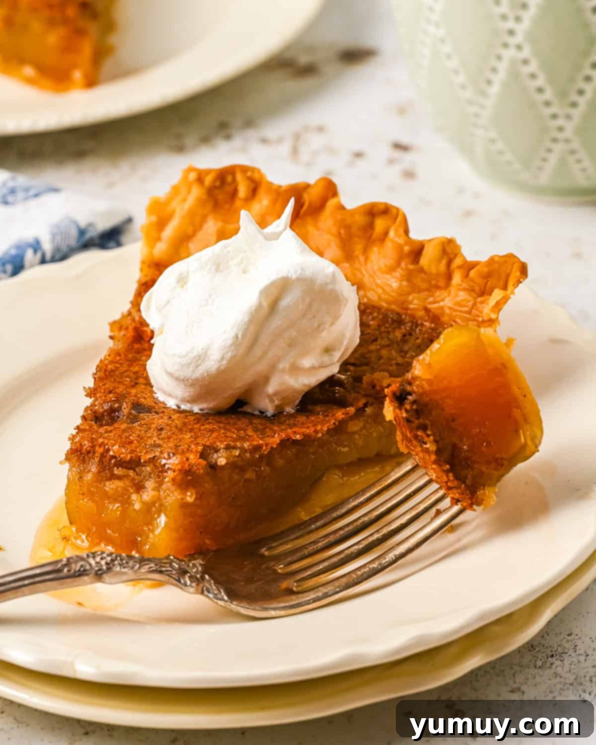 Vinegar Pie A Slice of Humble Pie: The Unexpected Delight 2 A slice of vinegar pie on a fork, showcasing its creamy texture and golden crust, topped with a dollop of whipped cream.