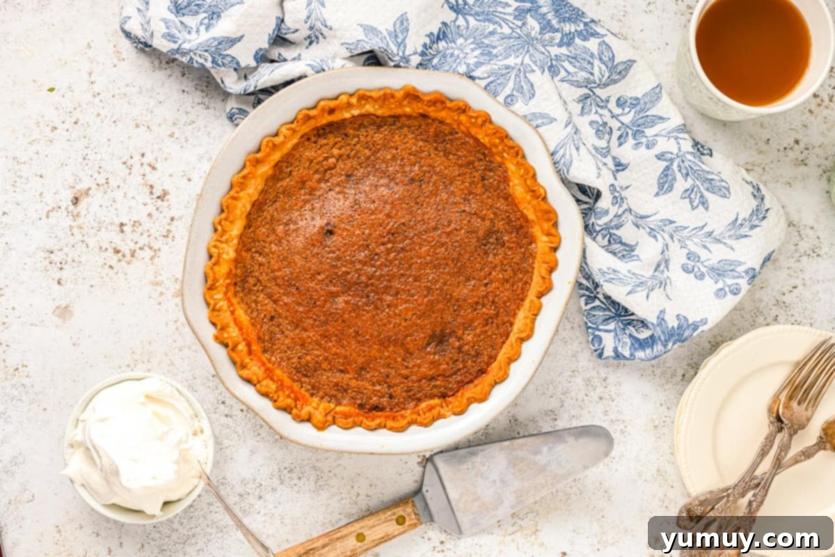 Vinegar Pie A Slice of Humble Pie: The Unexpected Delight 12 A freshly baked vinegar pie in a white pie pan, showcasing its golden-brown crust and perfectly set filling.