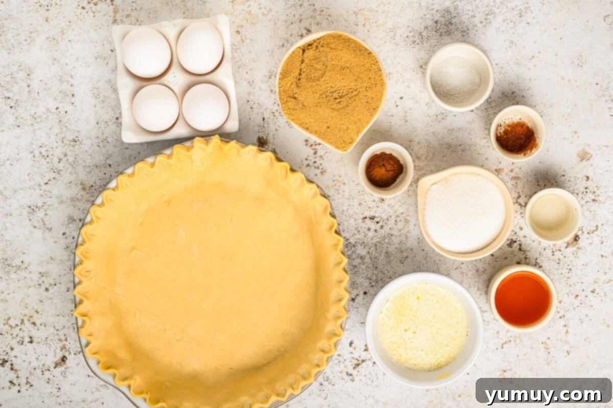 Vinegar Pie A Slice of Humble Pie: The Unexpected Delight 9 Ingredients for vinegar pie filling, including eggs, sugar, butter, vinegar, and spices, arranged next to a crimped pie crust ready for baking.