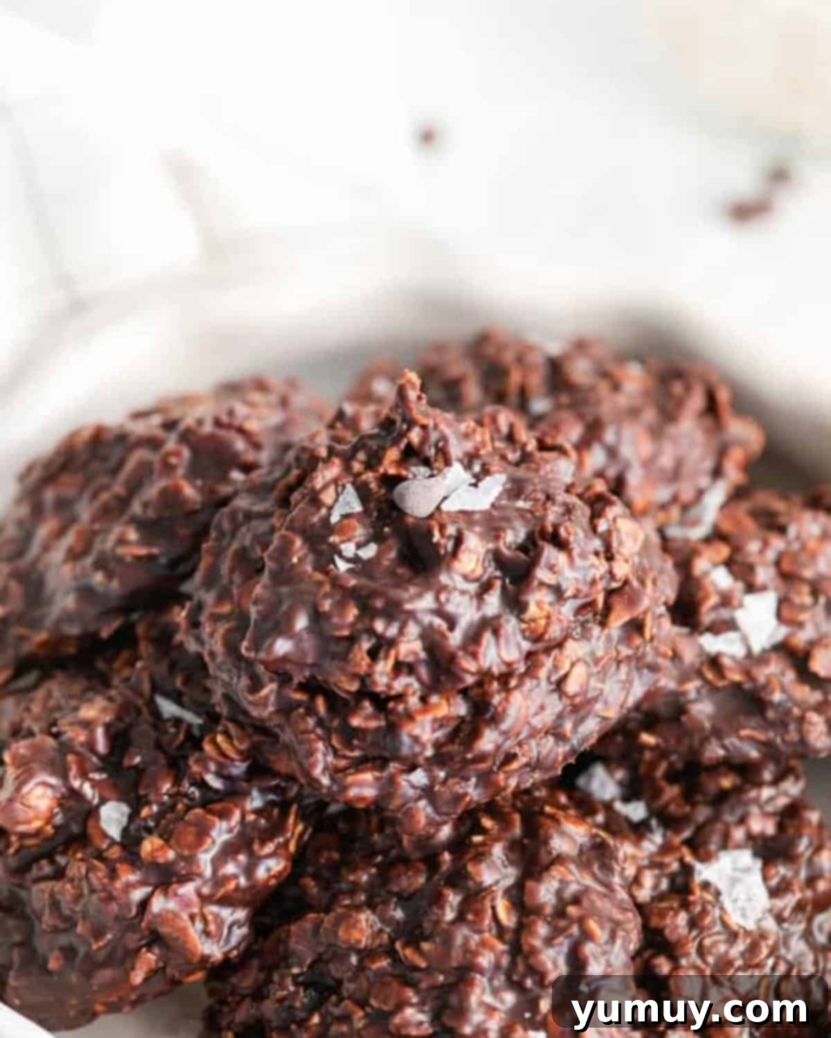 nutella no bake cookies topped with flaky salt on a plate.