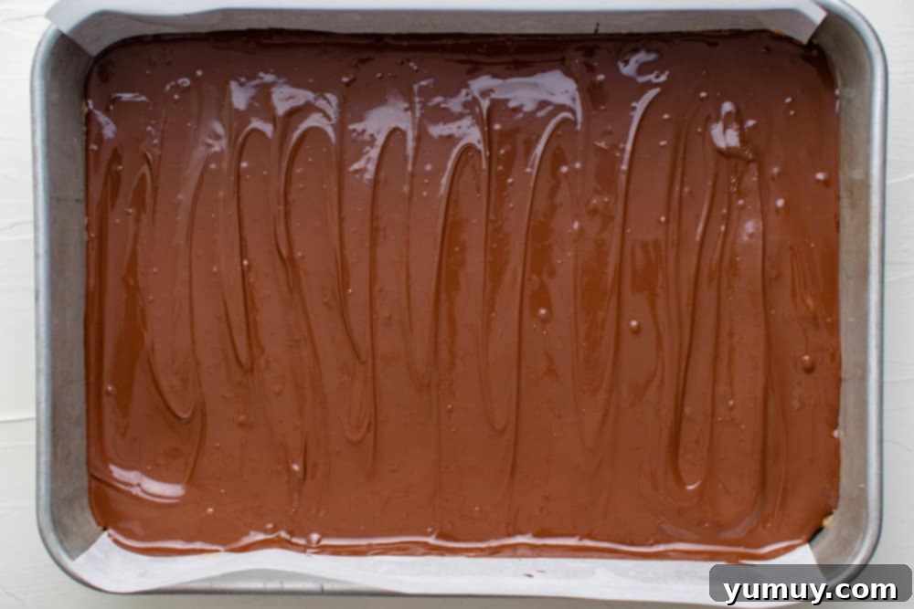 Peanut Butter Dream Bars 17 melted chocolate spread into baking pan