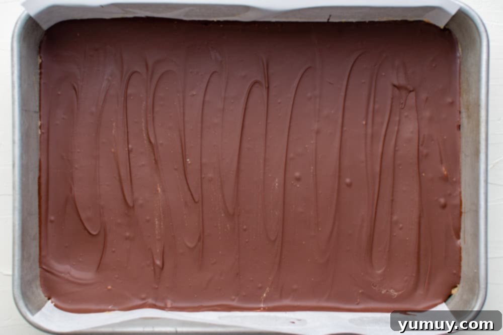 Peanut Butter Dream Bars 18 chocolate fudge in a baking pan.