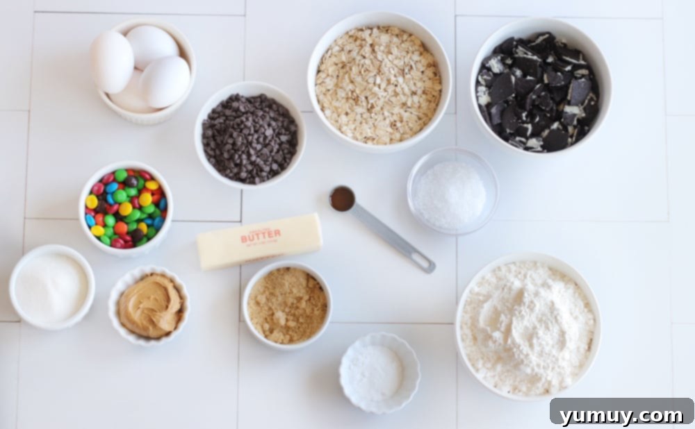 All the essential Oreo monster cookie ingredients laid out, ready for baking.