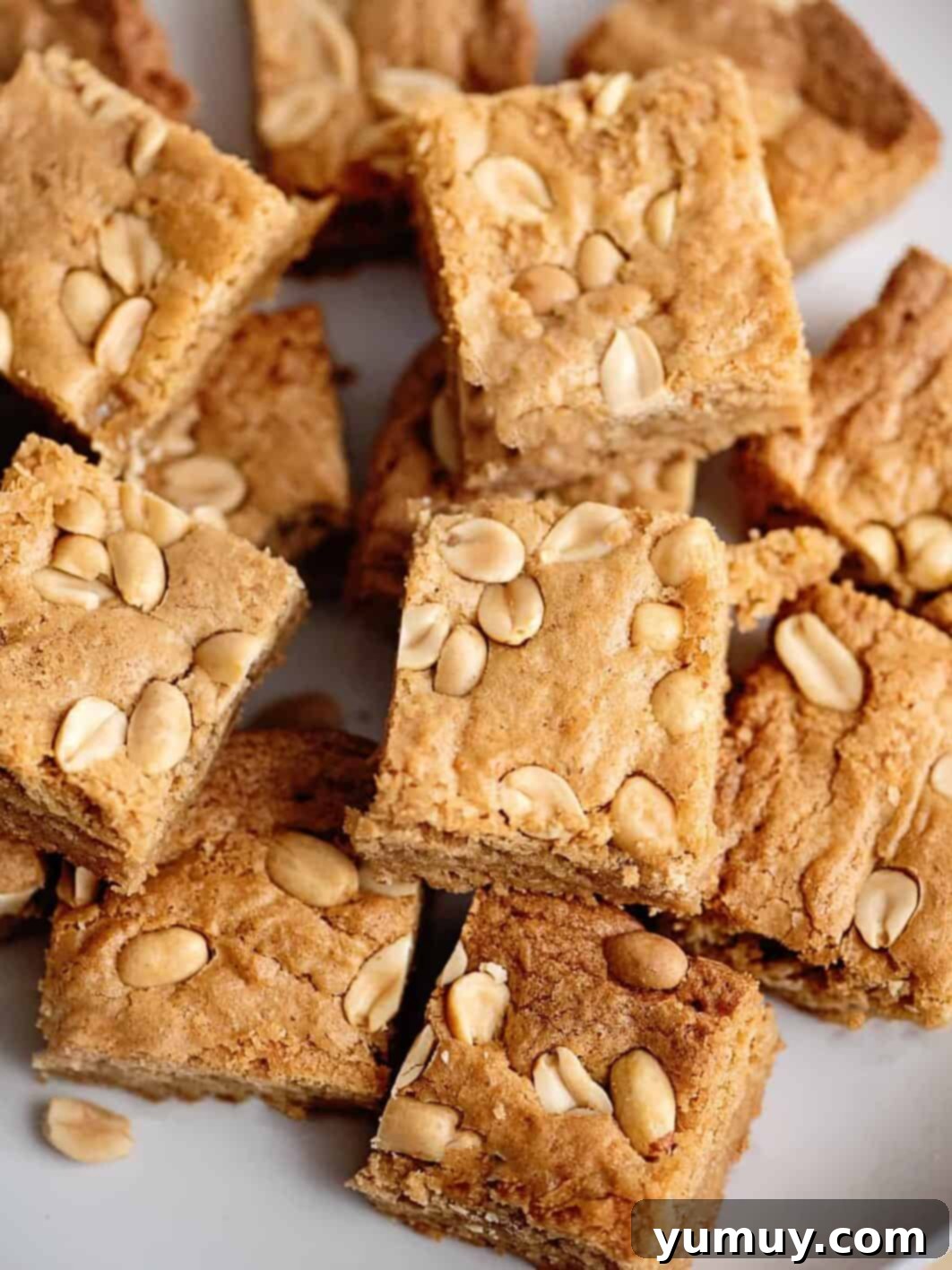 A plate brimming with freshly baked, golden peanut butter blondies, ready to be enjoyed