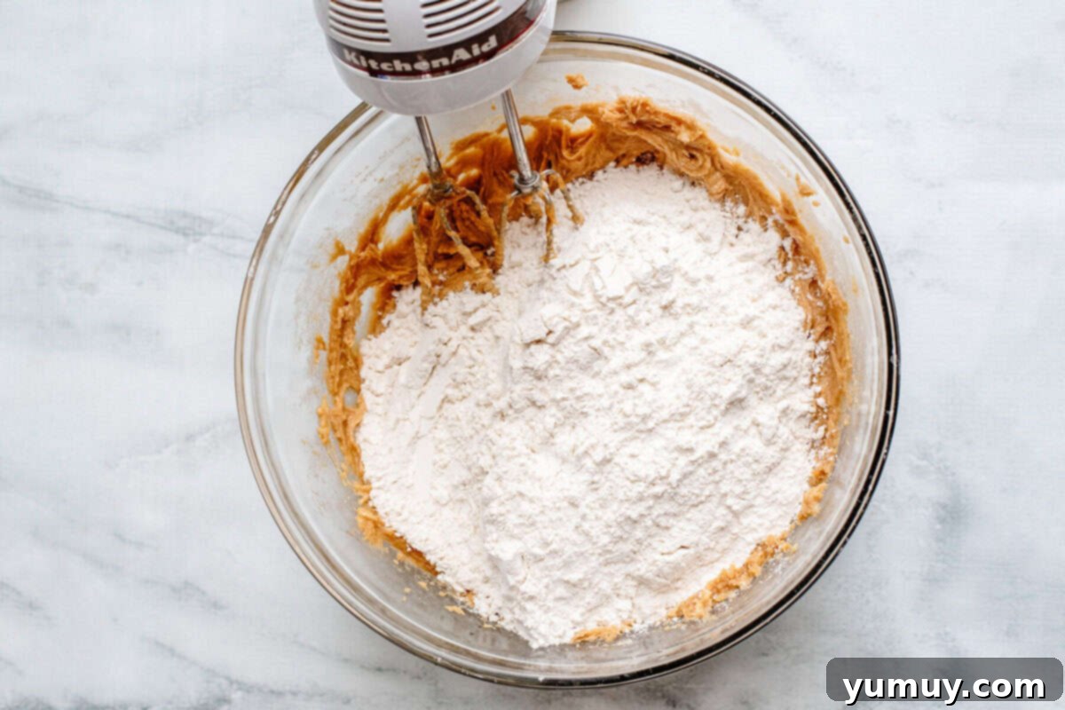 mixing dry ingredients into cookie dough.