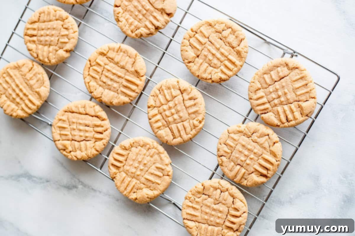 Baked peanut butter cookies on a cooling rack.