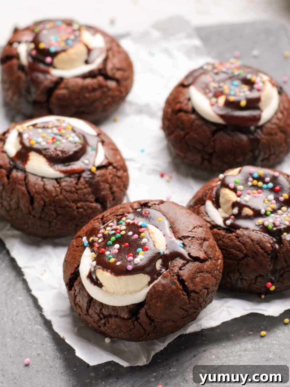 up close hot chocolate cookies on parchment