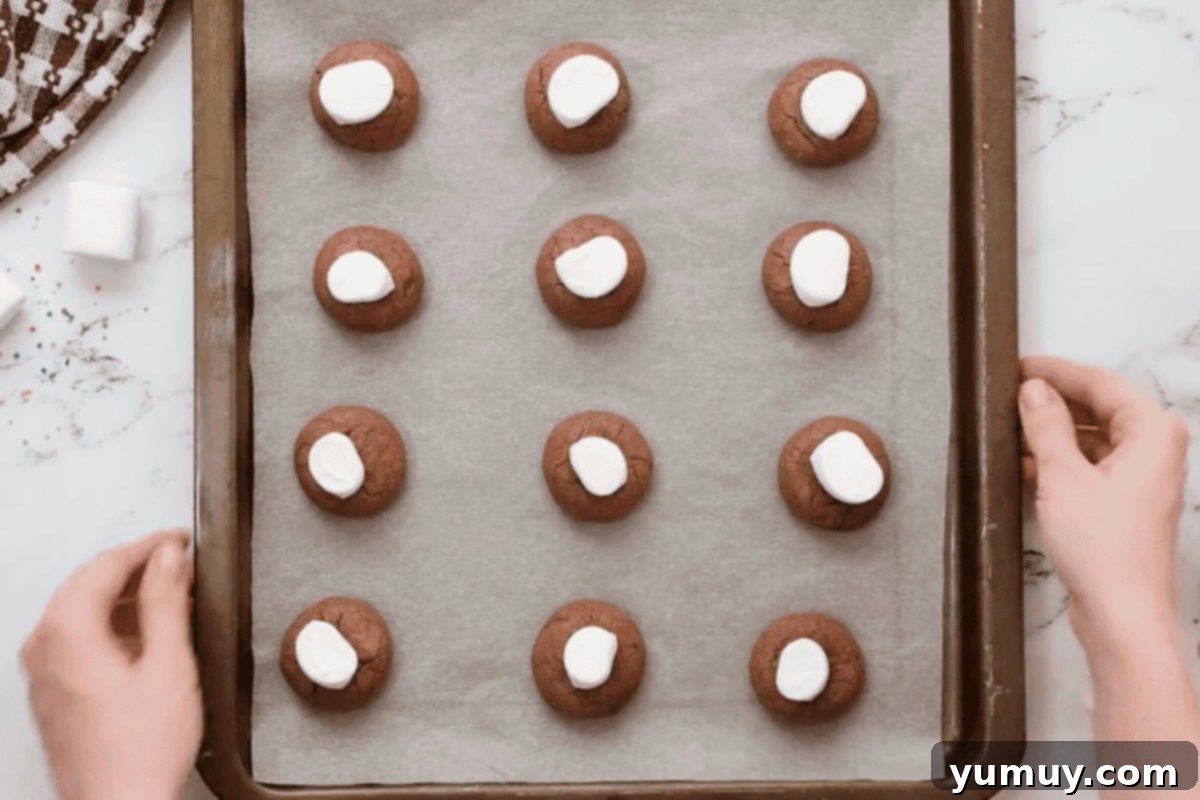 baked hot chocolate cookies topped with marshmallows on a baking sheet.