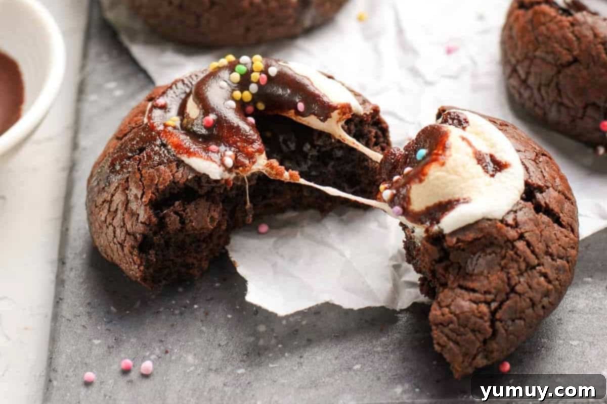 a halved hot chocolate cookie featuring a marshmallow pull between the two halves.