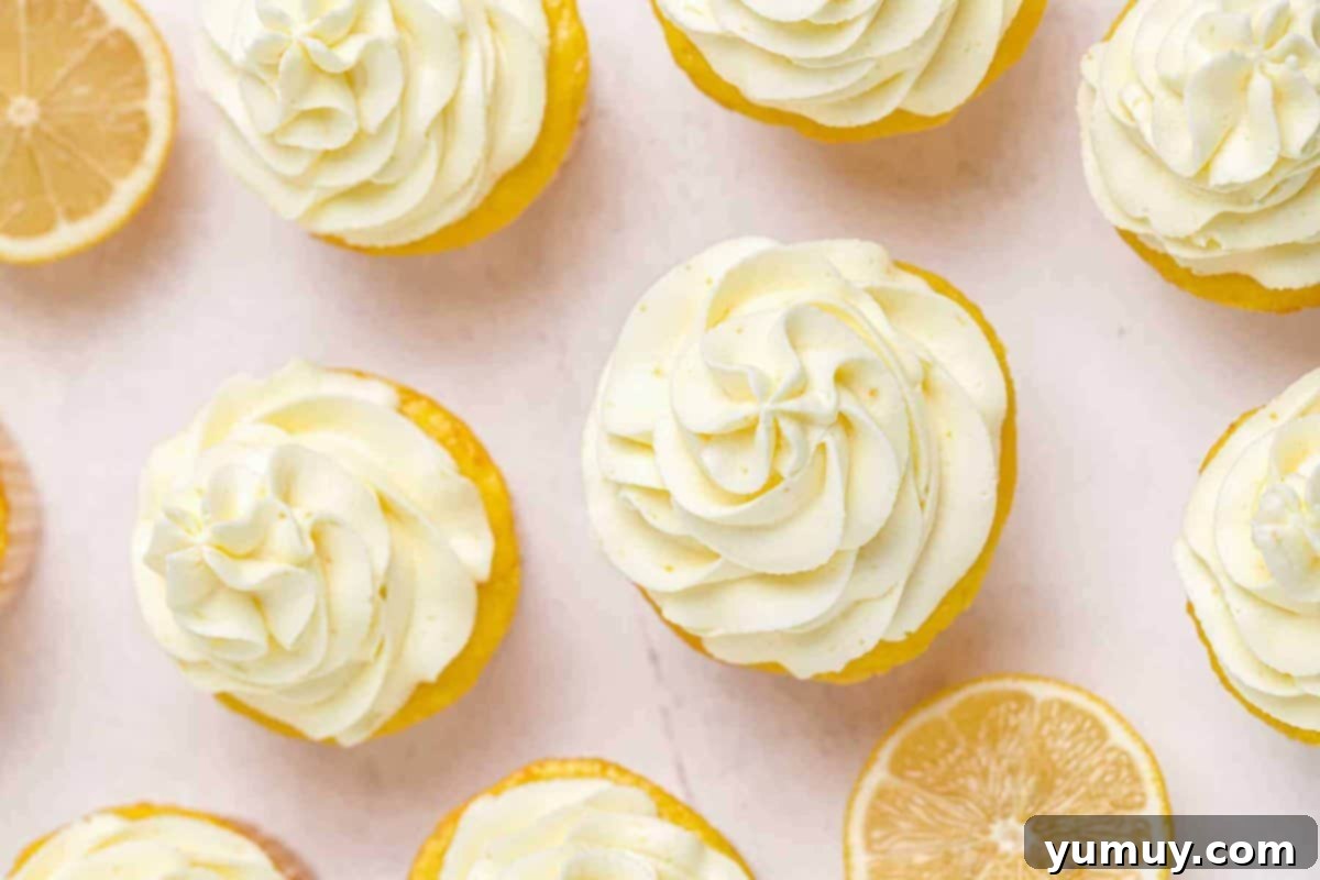 overhead image of lemon cupcakes with lemon frosting