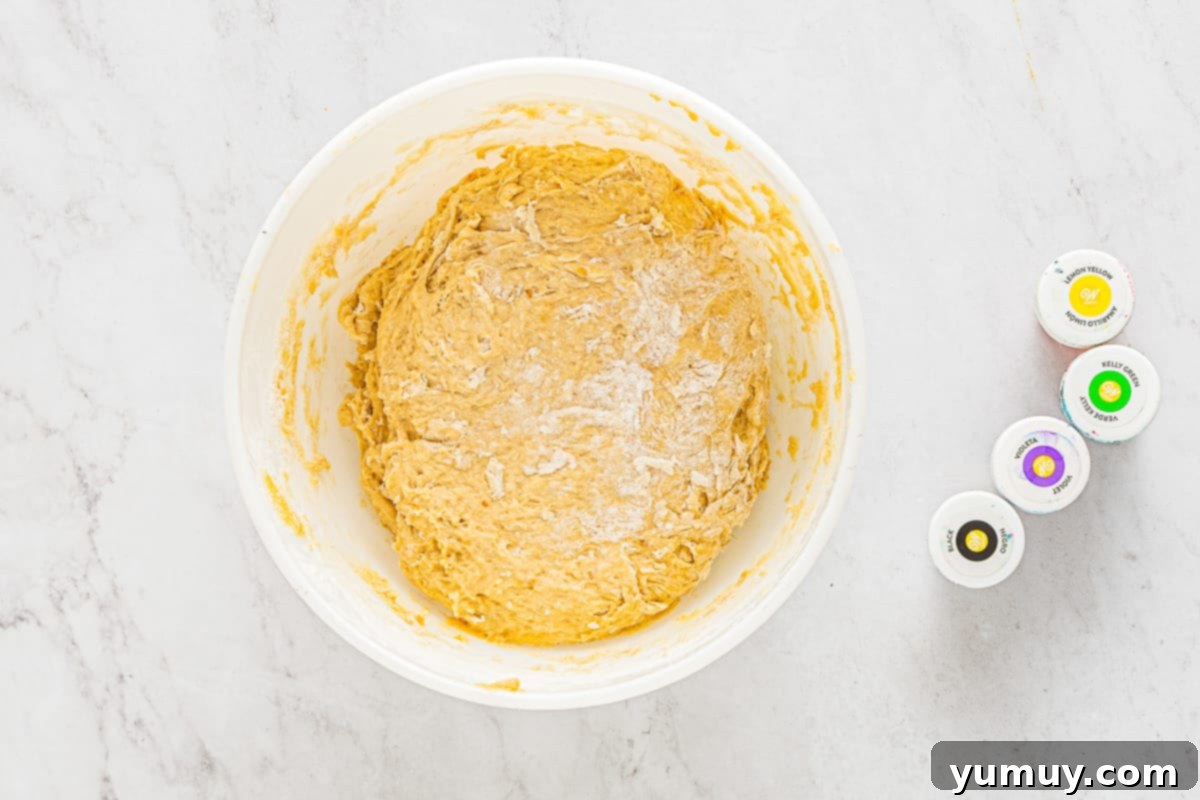 Enchanted Halloween Loaves 16 Bread dough in a bowl.