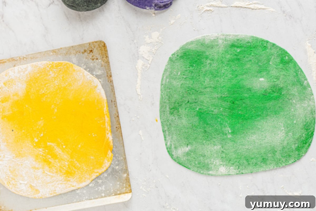 Enchanted Halloween Loaves 19 Colored bread dough rolled out flat.