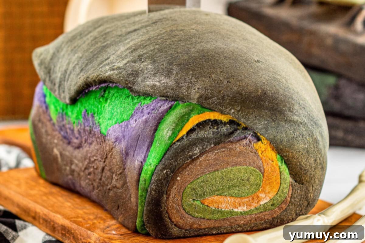 Enchanted Halloween Loaves 23 Baked swirled halloween sandwich bread loaf.