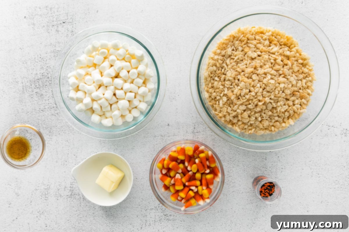 Spooky Crispy Halloween Squares 10 Ingredients for Halloween Rice Krispie treats.