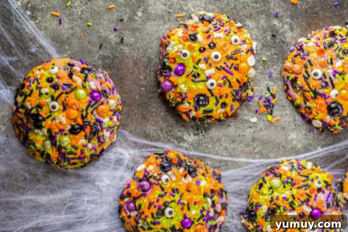 Baked Halloween sprinkle cookies artfully arranged on a gray table, adorned with spider webs for a spooky touch.