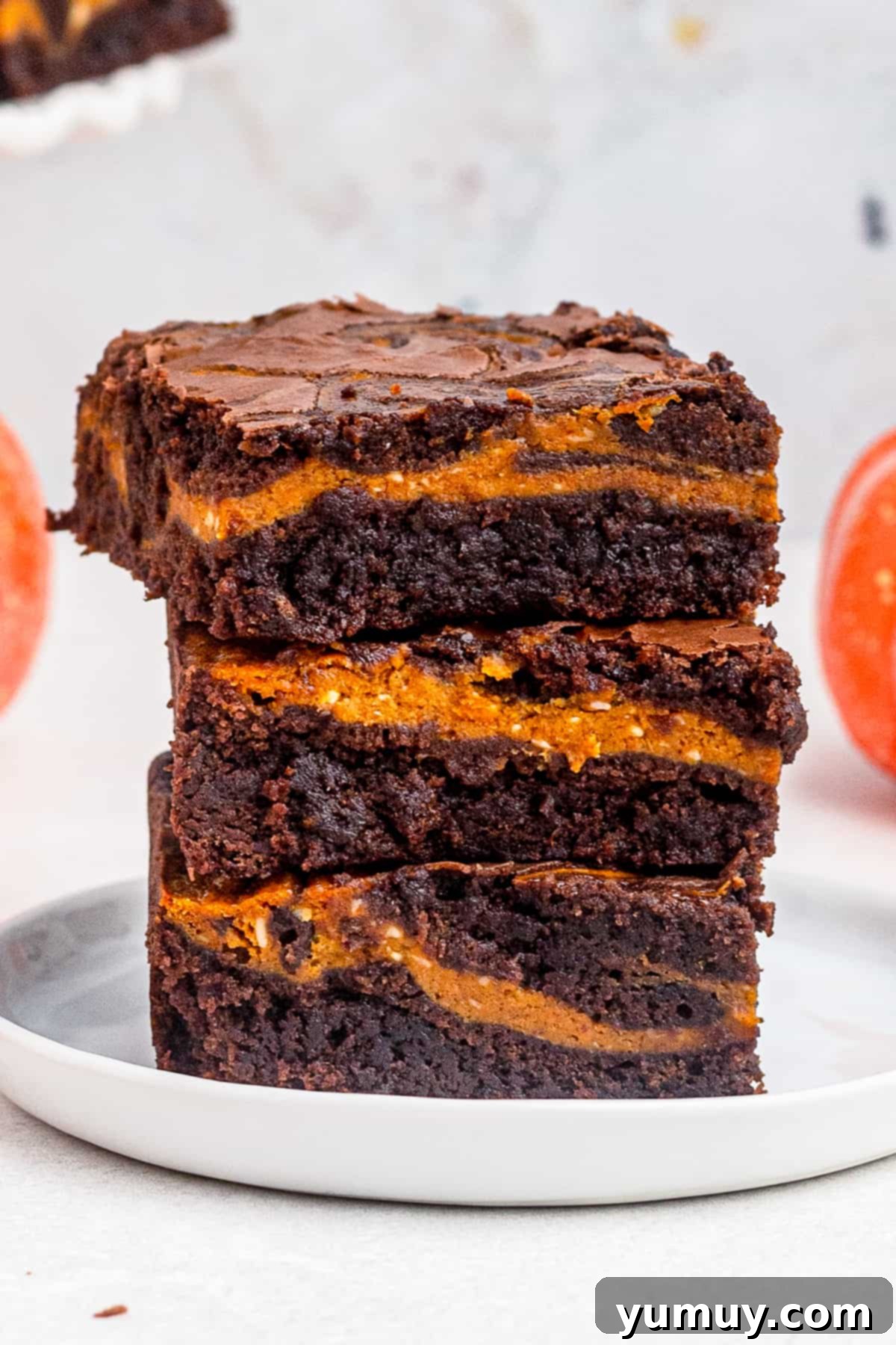 up close stacked pumpkin brownies