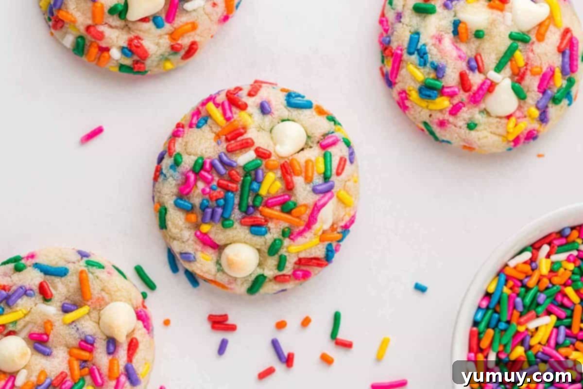 funfetti cookies with white chocolate chips on table