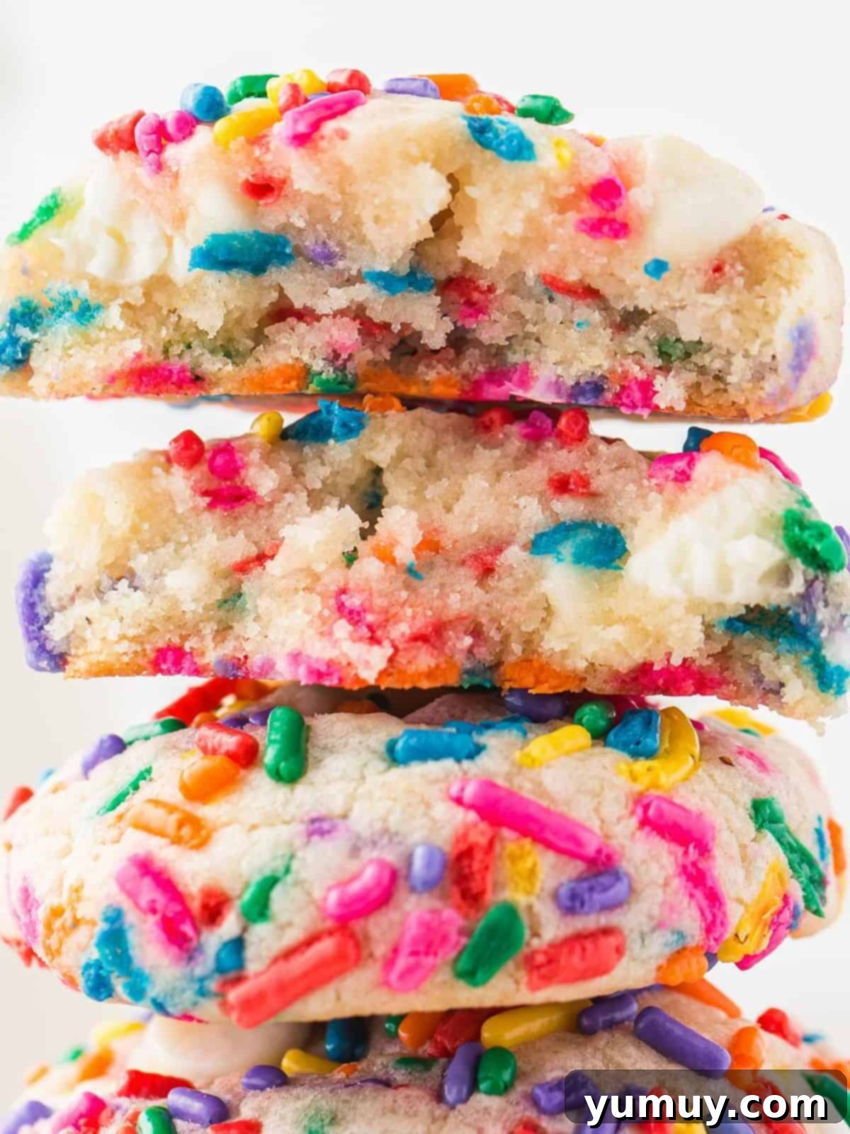 stacked funfetti cookies showing inside