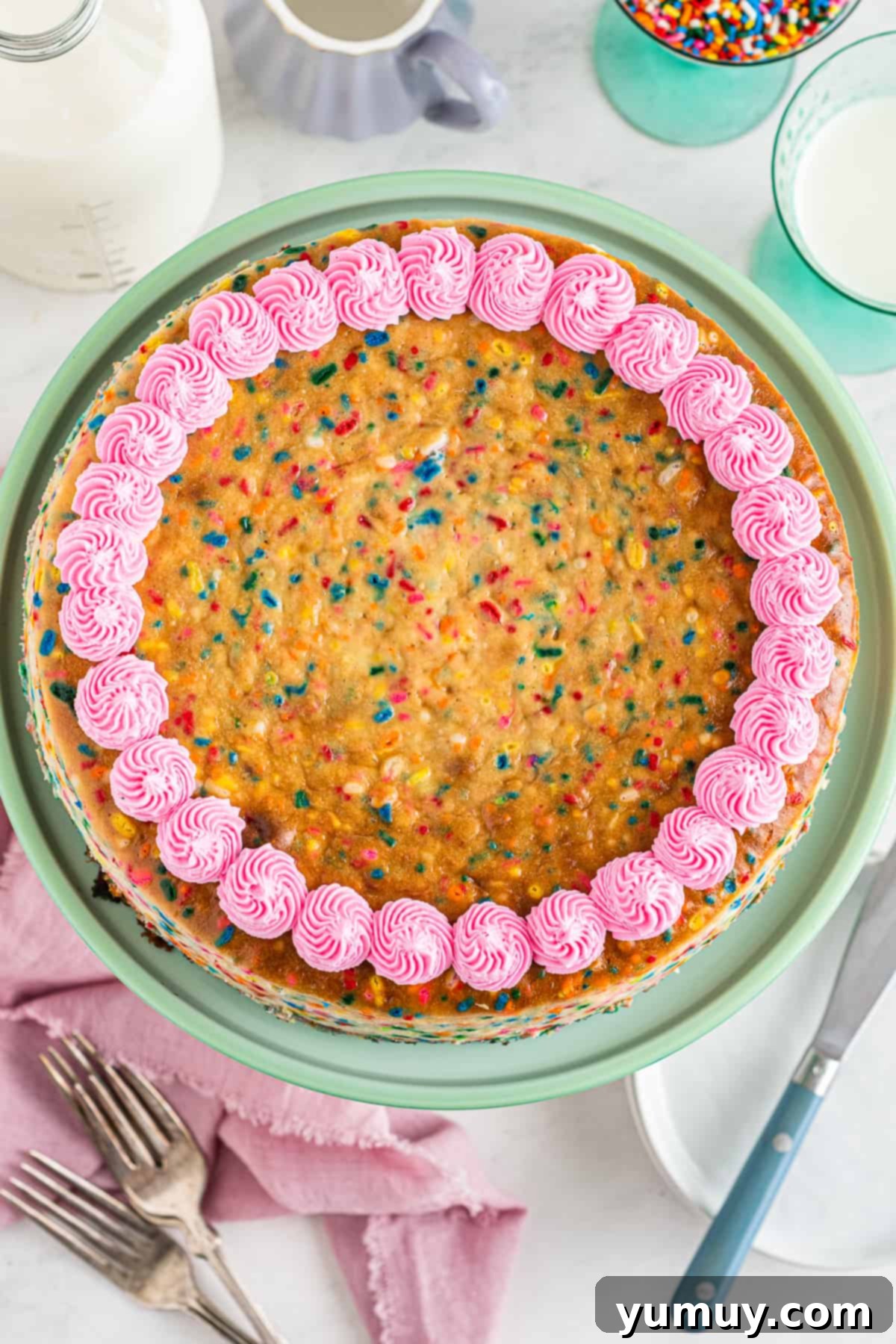 overhead funfetti cake cheesecake on green cake stand