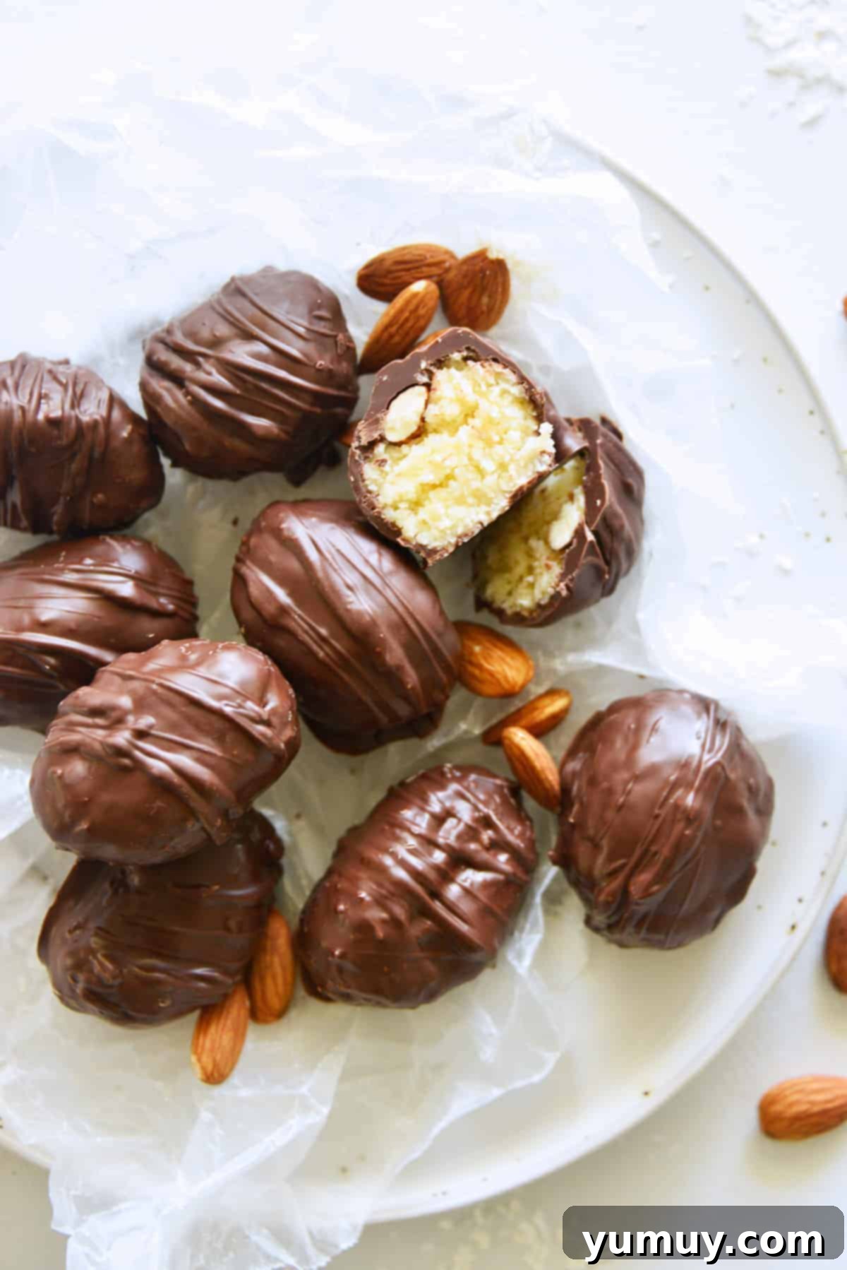 Keto Coconut Almond Bliss 3 Low carb Almond Joy candies artfully arranged, showcasing their delicious appeal for keto dieters