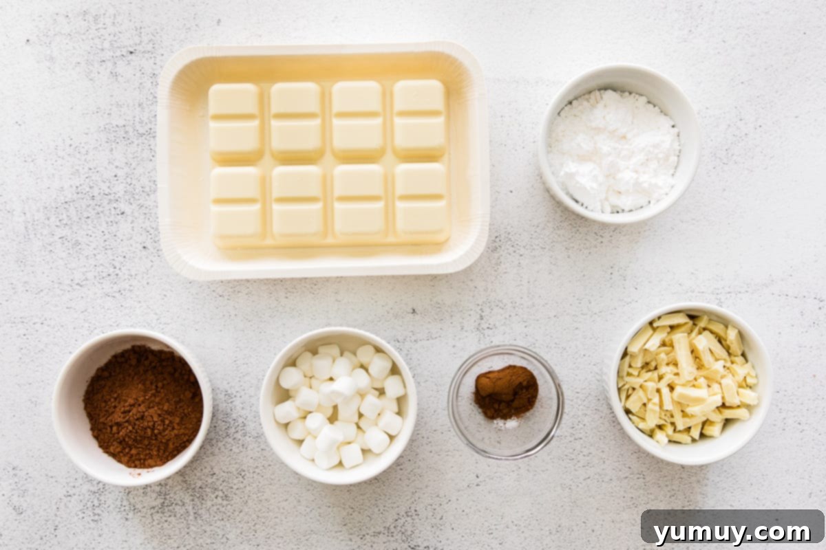All ingredients laid out for making pumpkin hot cocoa bombs.