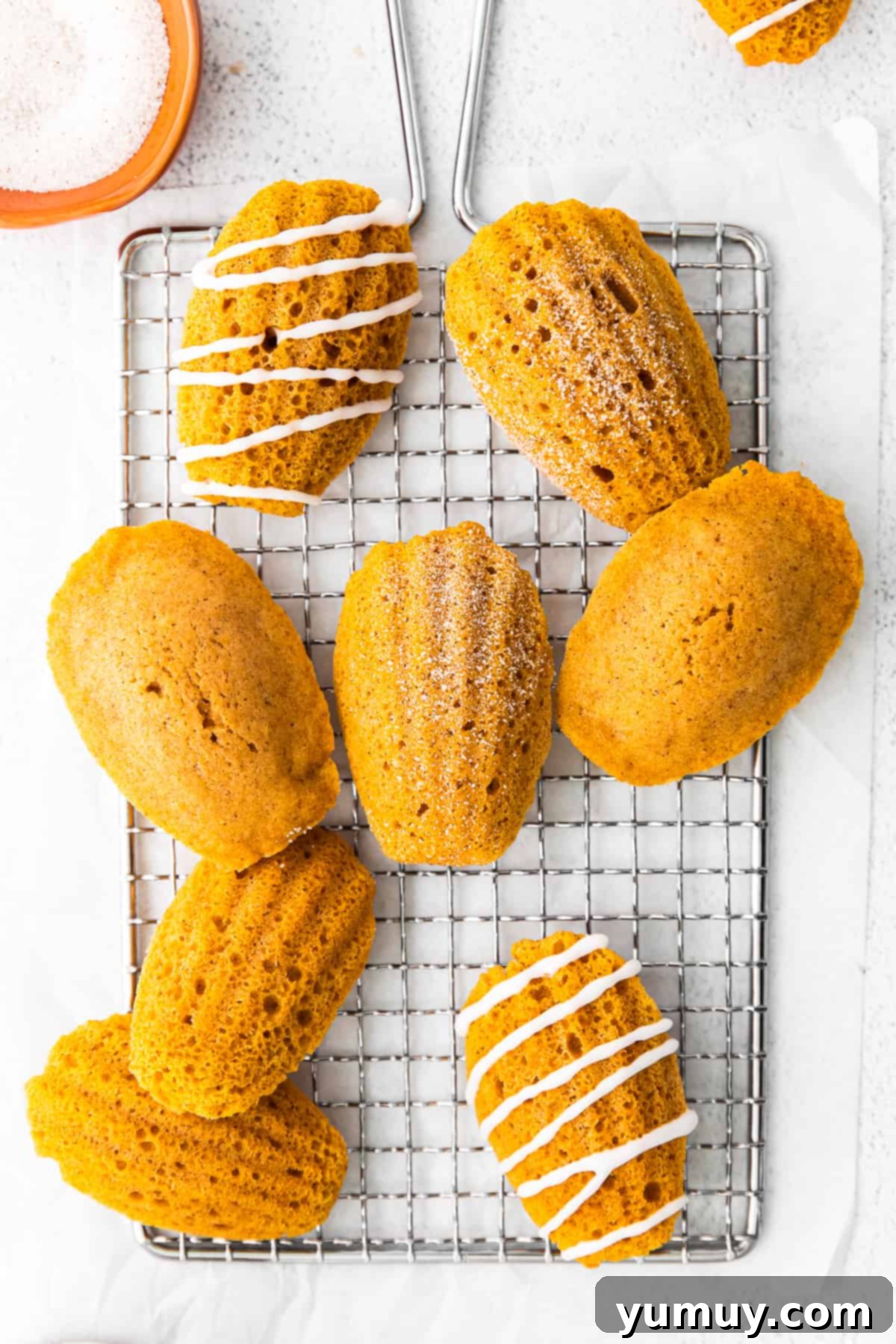 Up close view of golden-brown pumpkin madeleines cooling on a wire rack, showcasing their distinctive shell shape and slight hump.
