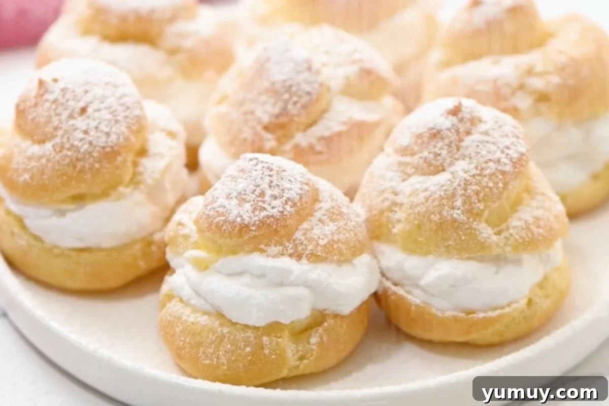 Dusting filled cream puffs with powdered sugar on a plate, ready to serve.