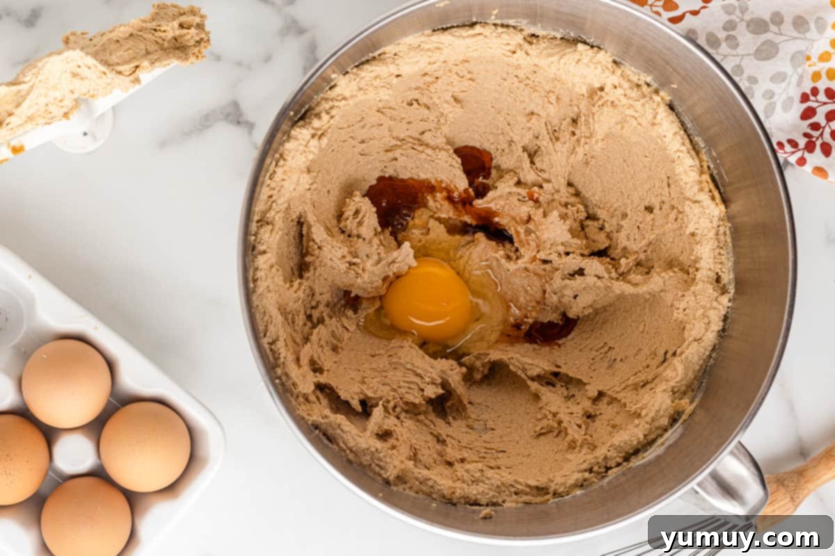 The creamed butter and sugar mixture, now with eggs and vanilla extract added, being lightly mixed.