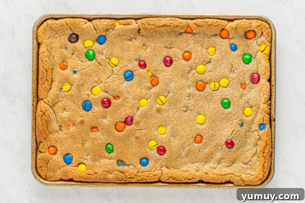 Peanut Butter M&M Blondie Bliss 8 Perfectly sliced Peanut Butter M&M Blondies laid out, showcasing their chewy texture and colorful M&Ms, ready to eat.