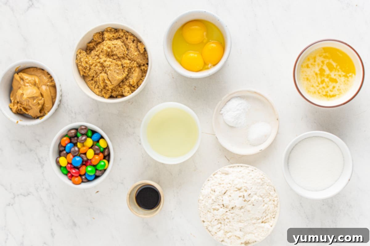 Peanut Butter M&M Blondie Bliss 4 Initial ingredients for M&M Peanut Butter Blondies, including flour, sugars, butter, and M&Ms, ready for mixing.