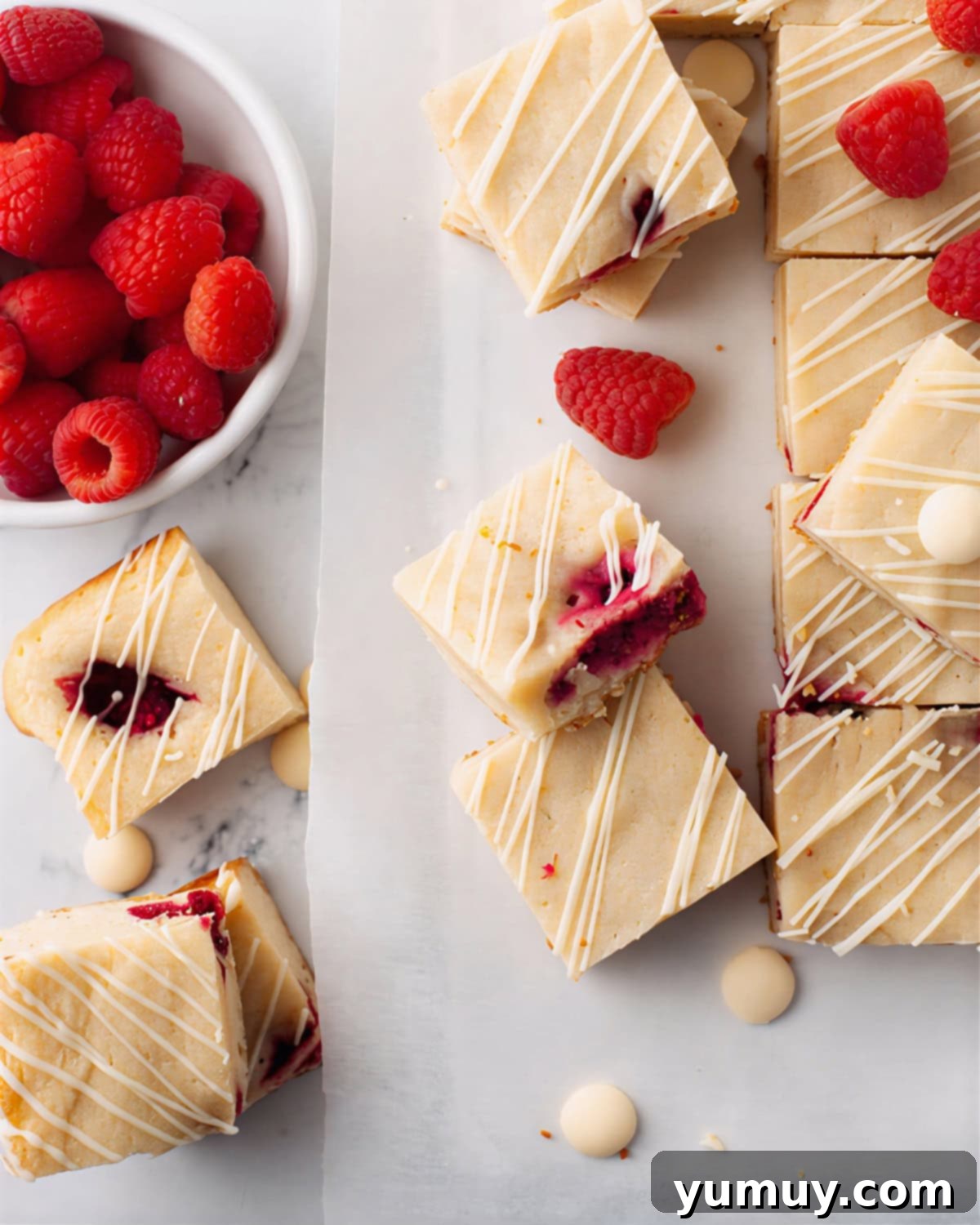 Raspberry Bliss Blondies 2 Overhead view of raspberry blondies scattered over parchment paper, showcasing their delicious texture and vibrant colors.