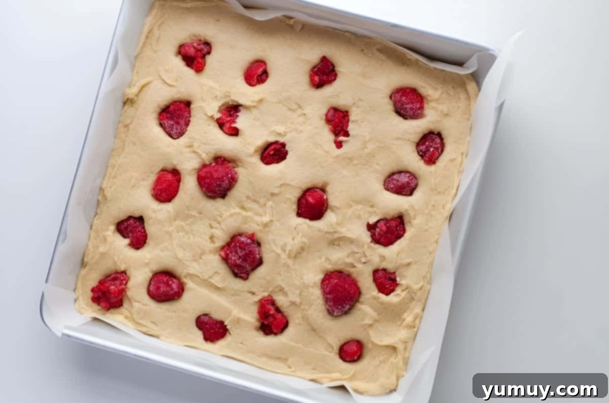 Raspberry Bliss Blondies 12 Frozen raspberries atop almond blondie batter in a square baking pan, ready to be baked to perfection.